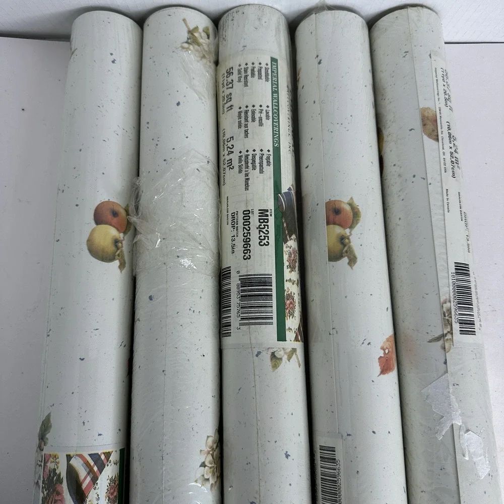 Imperial Wallpaper Vintage 5 DBL Rolls Prepasted‎ Fruit On Beige&White 000259663